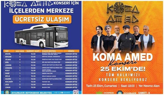 Diyarbakır Büyükşehir’den Koma Amed konseri için 13 ilçeden ücretsiz ulaşım hizmeti